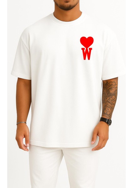 Oversize Kalp ve W Harfi Cep Tasarımlı Unisex T-Shirt