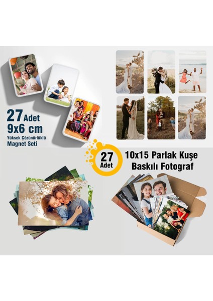 Kişiye Özel Fotoğraf Magneti Seti: 27 Adet 9x6 cm Magnet + 27 Adet 10X15 cm Yüksek Çözünürlüklü Fotoğraf Baskı (Dayanıklı ve Şık)