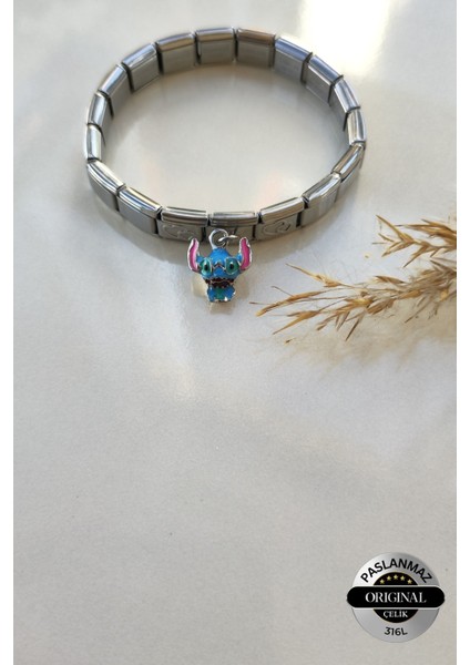 Italyan Charm Bileklik ve 3 Adet Charmlı Ayarlanabilir Çelik Stitch Charm Bileklik