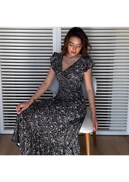 Kadın Kısa Kollu Kruvaze Yaka Beli Lastikli Çiçek Desenli Elbise