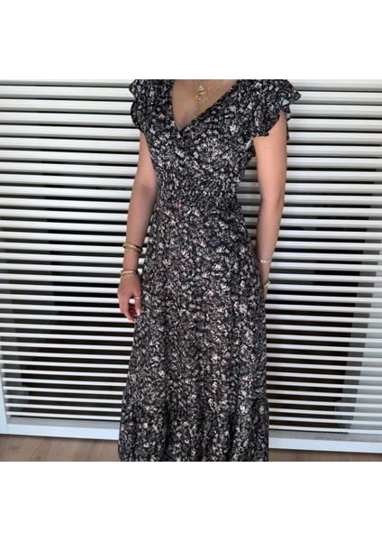 Kadın Kısa Kollu Kruvaze Yaka Beli Lastikli Çiçek Desenli Elbise fiyatları