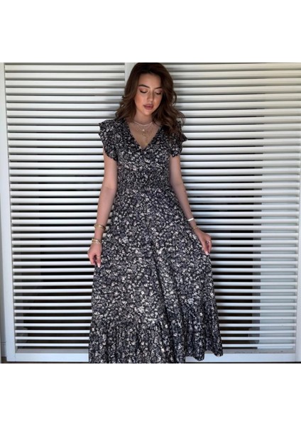 Kadın Kısa Kollu Kruvaze Yaka Beli Lastikli Çiçek Desenli Elbise modelleri