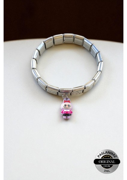 Italyan Charm Bileklik ve 3 Adet Charmlı Ayarlanabilir Çelik Lila Labubu Bileklik