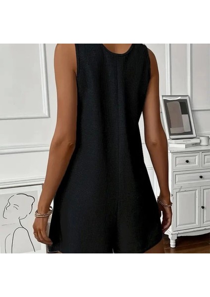 Kadın Askılı Yuvarlak Yaka Düğmeli Waffle Kısa Tulum modelleri