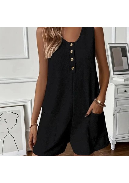 Kadın Askılı Yuvarlak Yaka Düğmeli Waffle Kısa Tulum fırsatları