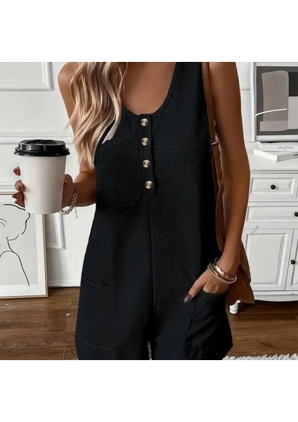 Kadın Askılı Yuvarlak Yaka Düğmeli Waffle Kısa Tulum indirimleri