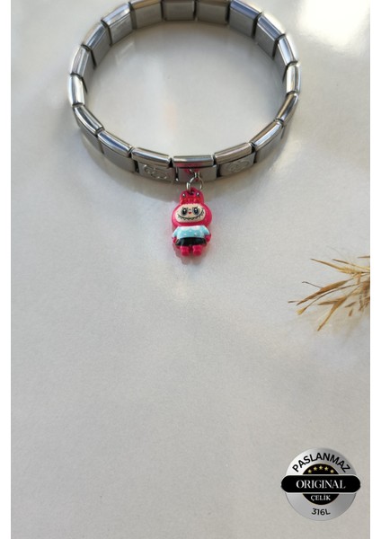 Italyan Charm Bileklik ve 3 Adet Charmlı Ayarlanabilir Çelik Pembe Labubu Bileklik