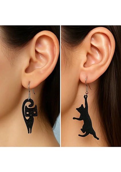 Kedi Temalı Ikili Küpe Seti – Sevimli Zıplayan Kedi Figürlü Kadın Küpe