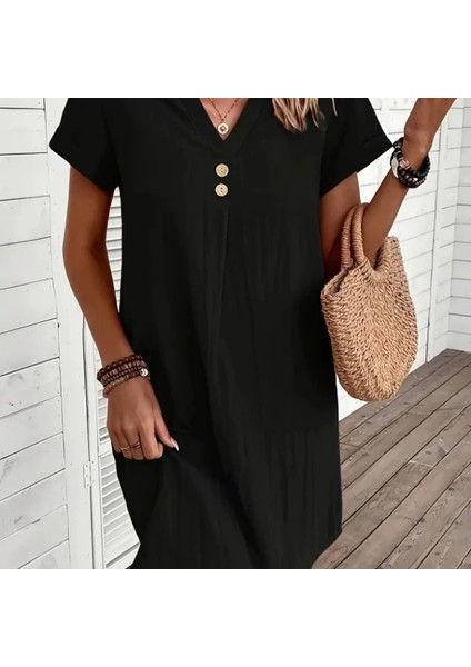 Kadın Kısa Kollu V Yakalı Düğmeli Müslim Kısa Elbise