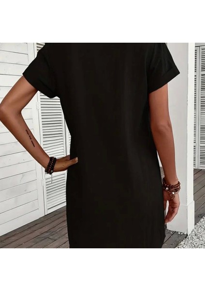 Kadın Kısa Kollu V Yakalı Düğmeli Müslim Kısa Elbise fiyatları