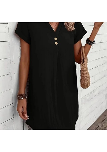 Kadın Kısa Kollu V Yakalı Düğmeli Müslim Kısa Elbise modelleri