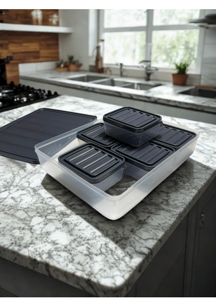 7’li Saklama Kabı Seti – 1 Büyük + 6 Küçük Kapaklı Gıda Kabı | Sızdırmaz Sert Plastik Saklama Kutusu Uzunluk 28 cm Genişlik 22 cm Derinlik 5 cm