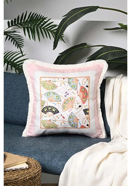 Orient Charm – Yelpaze ve Inci Bordür Tasarımlı Saçaklı Kadife Kırlent Kılıfı - 43X43CM