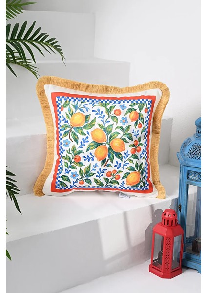 Limoncello Sulu Boya Limon Tasarımlı Saçaklı Kadife Kırlent Kılıfı - 43X43CM