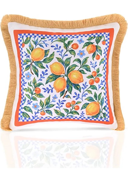 Limoncello Sulu Boya Limon Tasarımlı Saçaklı Kadife Kırlent Kılıfı - 43X43CM fiyatları