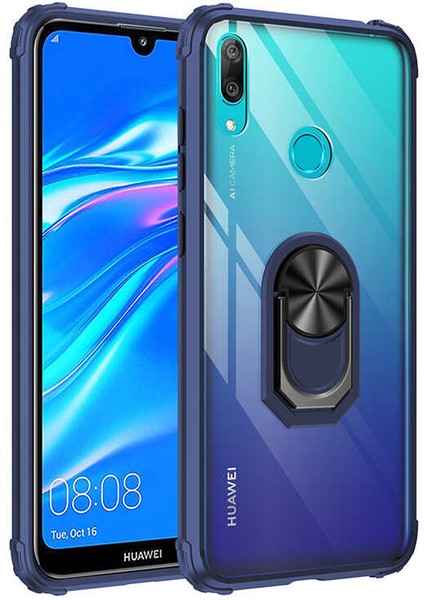 Huawei Y7 Prime 2019 Kılıf Sert Silikon Dayanıklı Şeffaf Renkli Yüzüklü Mola Kapak