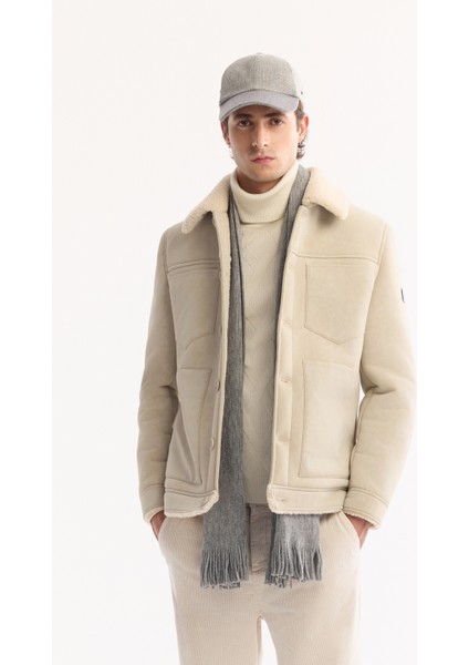 Erkek Ekru Kürklü Yaka Napa Comfort Fit Mont A52Y6057