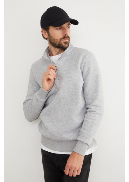3 Iplik Basic Dik Yaka Yarım Fermuarlı Sweatshirt