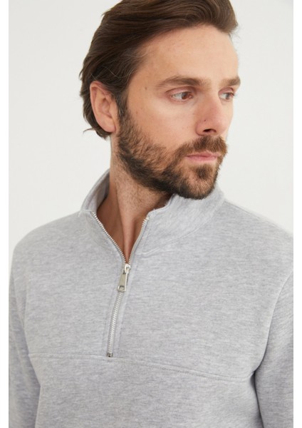 3 Iplik Basic Dik Yaka Yarım Fermuarlı Sweatshirt