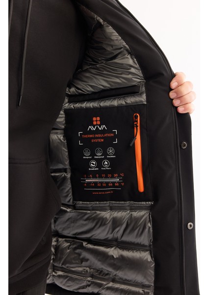 Erkek Siyah Kapüşonlu Su İtici Rüzgar Geçirmez -7 Dereceye Dayanıklı Regular Fit Mont A52Y6099