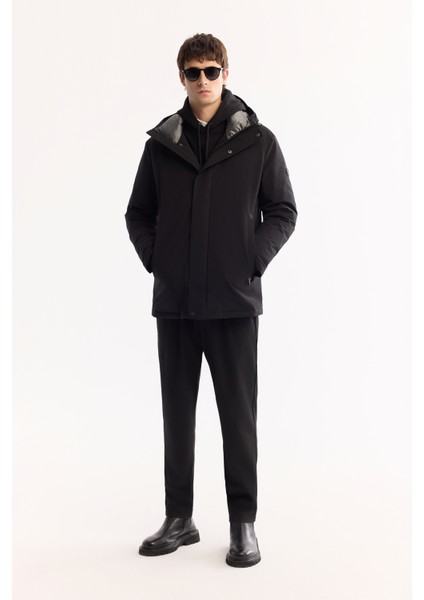 Erkek Siyah Kapüşonlu Su İtici Rüzgar Geçirmez -7 Dereceye Dayanıklı Regular Fit Mont A52Y6099