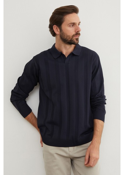 Şeritli Polo Yaka Triko Kazak