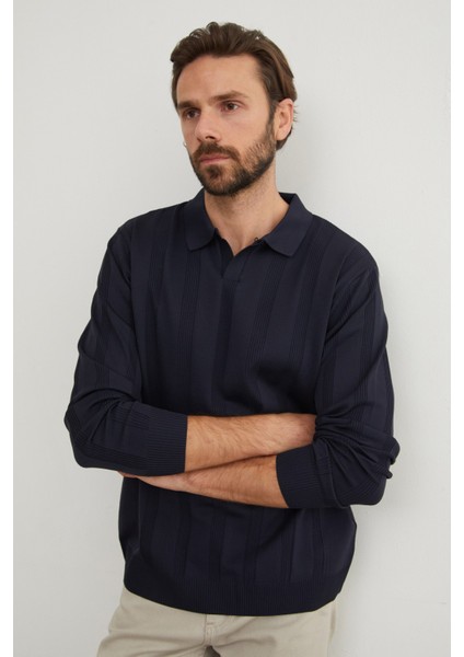 Şeritli Polo Yaka Triko Kazak