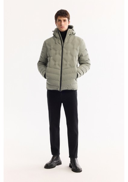 Erkek Nil Yeşili Kapüşonlu Su İtici Rüzgar Geçirmez -5°C Dayanıklı Şişme Mont A52Y6075