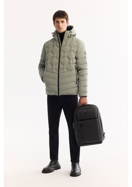 Erkek Nil Yeşili Kapüşonlu Su İtici Rüzgar Geçirmez -5°C Dayanıklı Şişme Mont A52Y6075