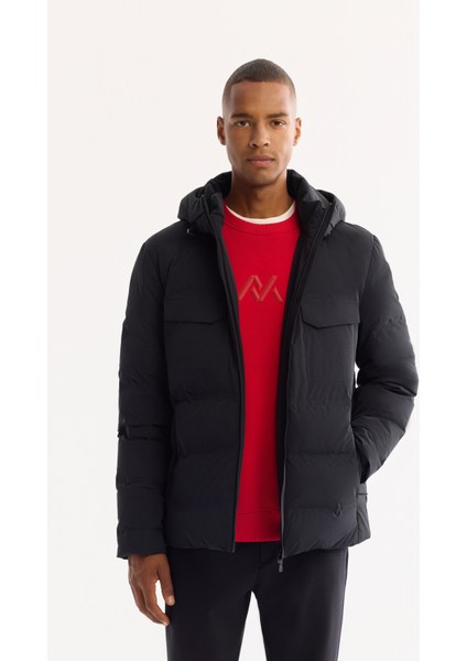 Erkek Siyah Kapüşonlu %100 Kaz Tüyü Su İtici Rüzgar Geçirmez -7°CDayanıklı Şişme Mont A52Y6115