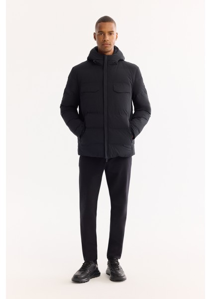 Erkek Siyah Kapüşonlu %100 Kaz Tüyü Su İtici Rüzgar Geçirmez -7°CDayanıklı Şişme Mont A52Y6115