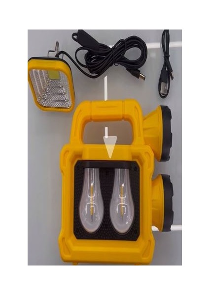 PM-26930 Solar Panelli 5 Işık Modlu Powerbank Özellikli 2400MAH Type C Giriş 5V LED Kamp Feneri