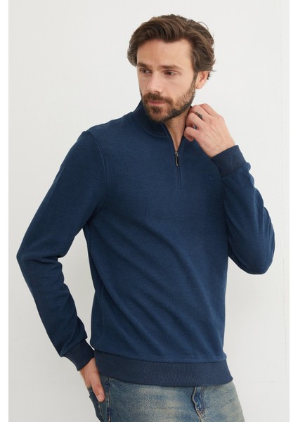 Fitilli Dik Yaka Yarım Fermuarlı Sweatshirt