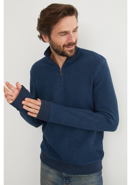 Fitilli Dik Yaka Yarım Fermuarlı Sweatshirt
