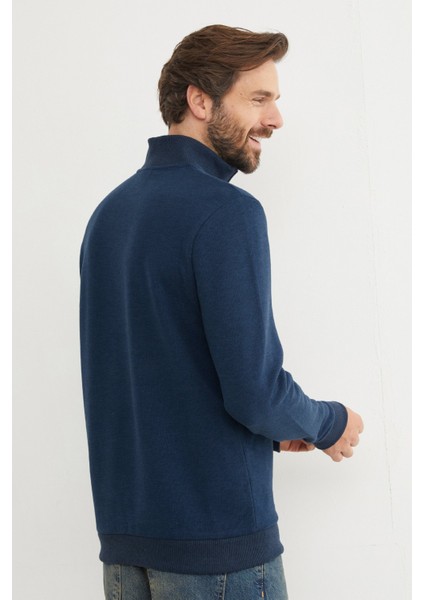 Fitilli Dik Yaka Yarım Fermuarlı Sweatshirt