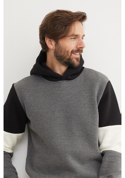 3 Iplik Kolu Renk Bloklu Kapüşonlu Sweatshirt