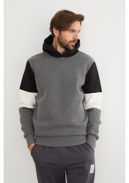 3 Iplik Kolu Renk Bloklu Kapüşonlu Sweatshirt