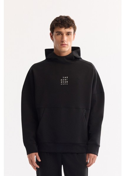 Erkek Siyah Bisiklet Yaka Pamuklu Bi-Stretch Baskılı Oversize Fit Sweatshirt A52Y1312