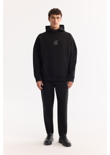 Erkek Siyah Bisiklet Yaka Pamuklu Bi-Stretch Baskılı Oversize Fit Sweatshirt A52Y1312