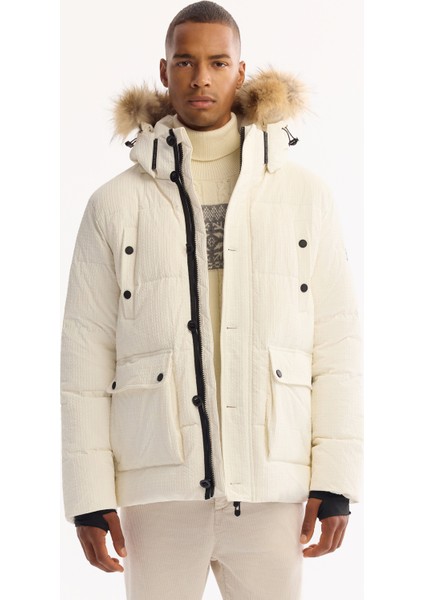 Erkek Beyaz %100 Kaz Tüyü Su İtici Rüzgar Geçirmez -10°C Dayanıklı Şişme Mont A52Y6084