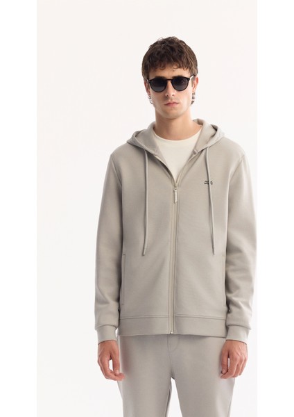 Erkek Gri Kapüşonlu Yaka Fermuarlı Pamuklu Bi-Stretch Regular Fit Sweatshirt A52Y1270