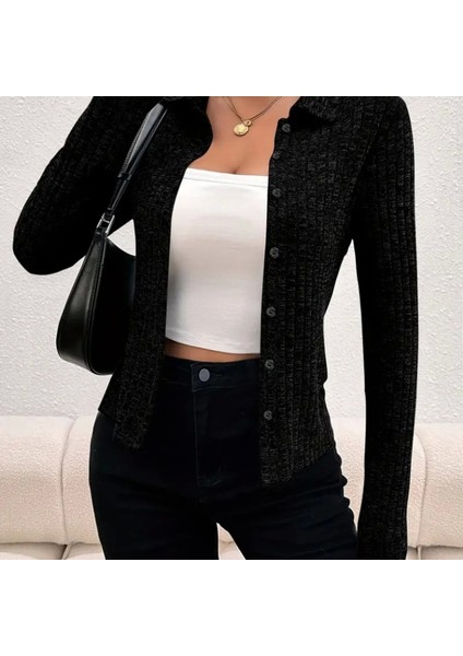 Kadın Uzun Kollu Yakalı Önden Düğmeli Kısa Ceket