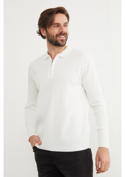 Fitilli Yarım Fermuarlı Polo Yaka Triko Kazak