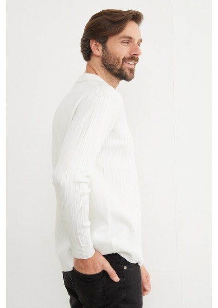 Fitilli Yarım Fermuarlı Polo Yaka Triko Kazak