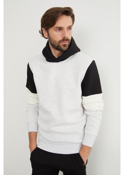 3 Iplik Kolu Renk Bloklu Kapüşonlu Sweatshirt