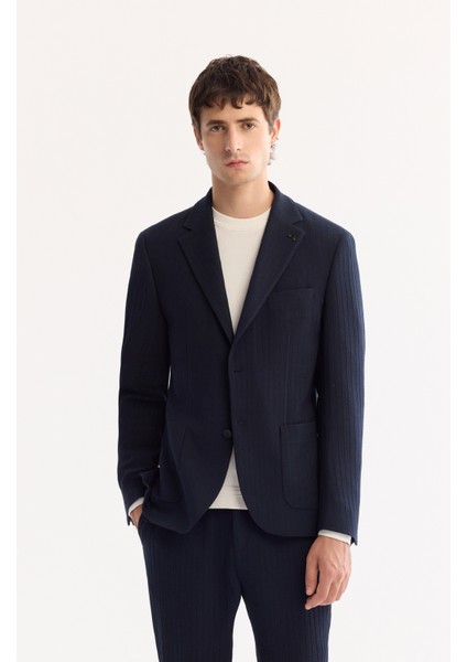 Erkek Lacivert Mono Yaka Bi-Stretch Hafif Çizgili Blazer Comfort Slim Fit Ceket A52Y4004