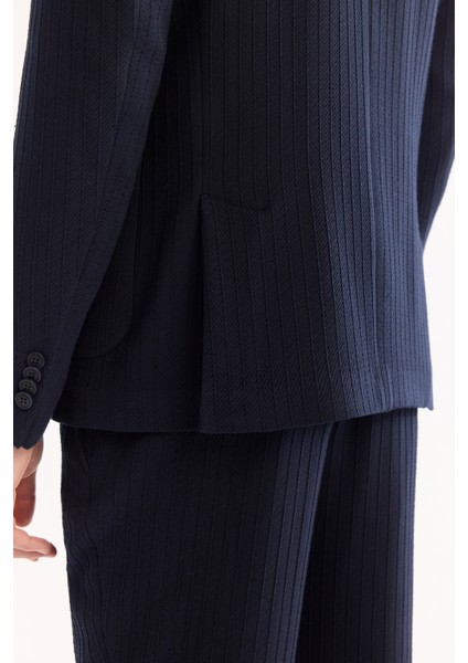 Erkek Lacivert Mono Yaka Bi-Stretch Hafif Çizgili Blazer Comfort Slim Fit Ceket A52Y4004