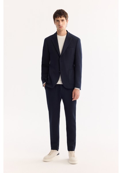 Erkek Lacivert Mono Yaka Bi-Stretch Hafif Çizgili Blazer Comfort Slim Fit Ceket A52Y4004