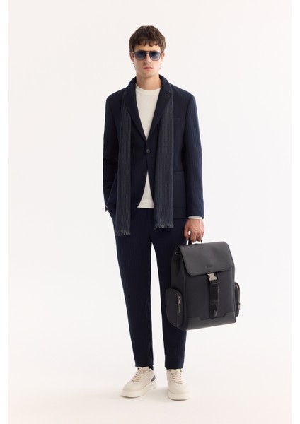 Erkek Lacivert Mono Yaka Bi-Stretch Hafif Çizgili Blazer Comfort Slim Fit Ceket A52Y4004