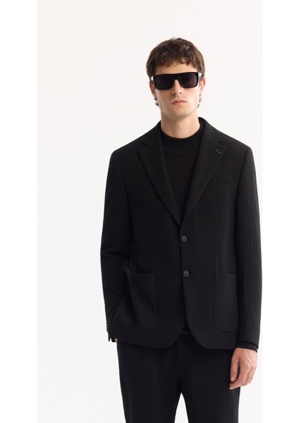 Erkek Siyah Mono Yaka Bi-Stretch Hafif Çizgili Blazer Comfort Slim Fit Ceket A52Y4004
